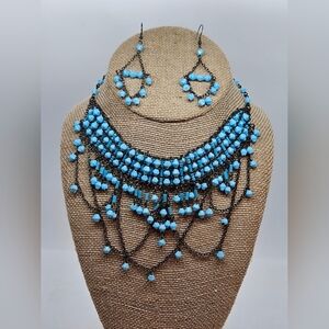 Blue Glass Beaded Swag Choker Set